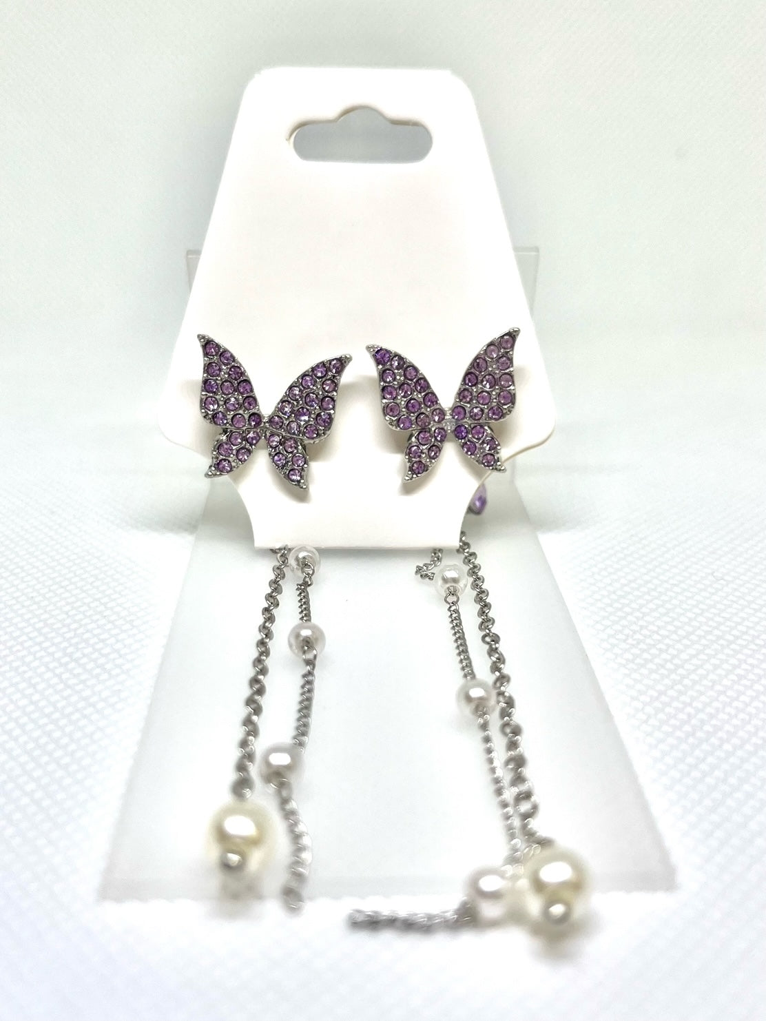 Purple Butterfly Pearled Chain Earrings